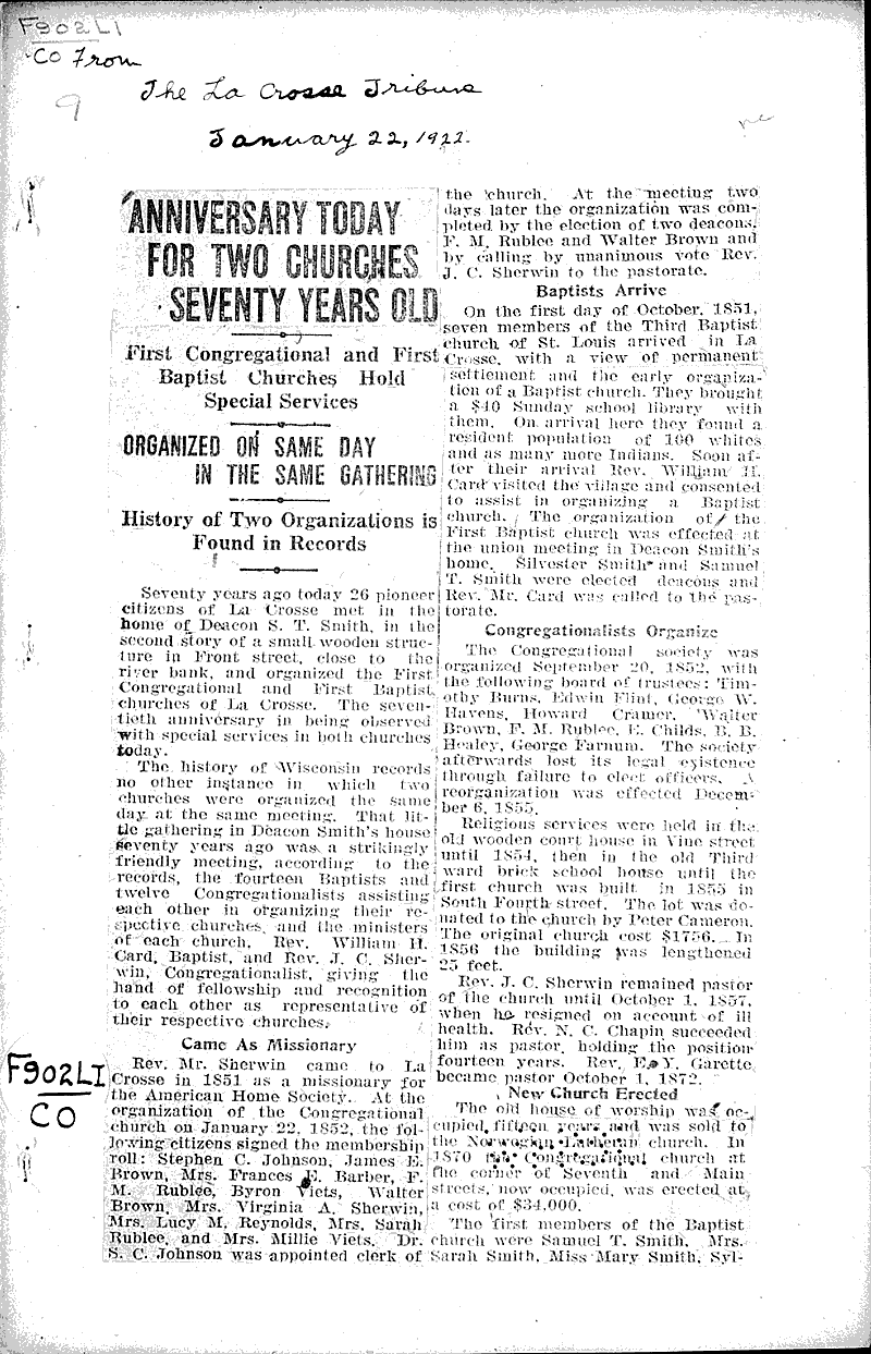  Source: La Crosse Tribune Topics: Church History Date: 1922-01-22