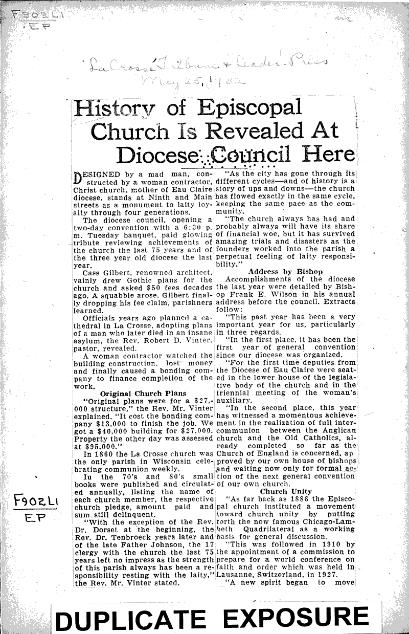  Source: La Crosse Tribune and Leader-Press Topics: Church History Date: 1932-05-25