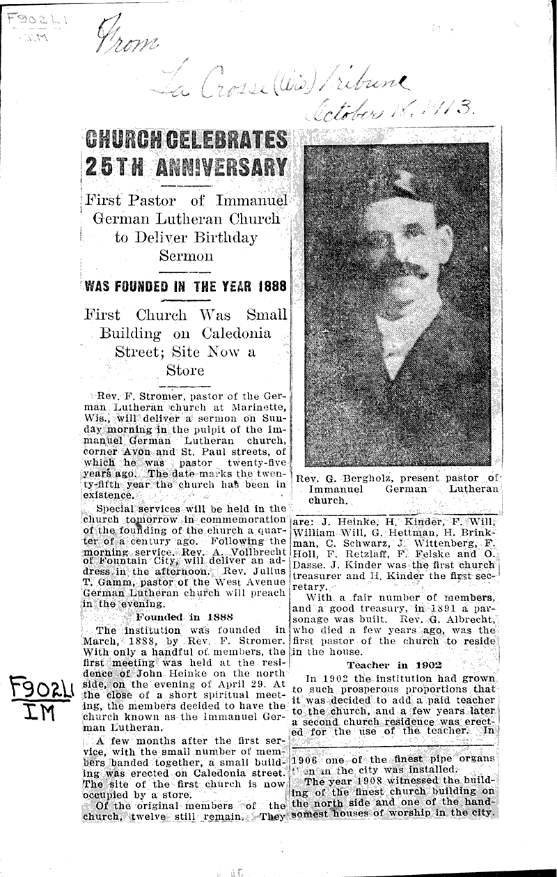  Source: La Crosse Tribune Topics: Church History Date: 1913-10-18