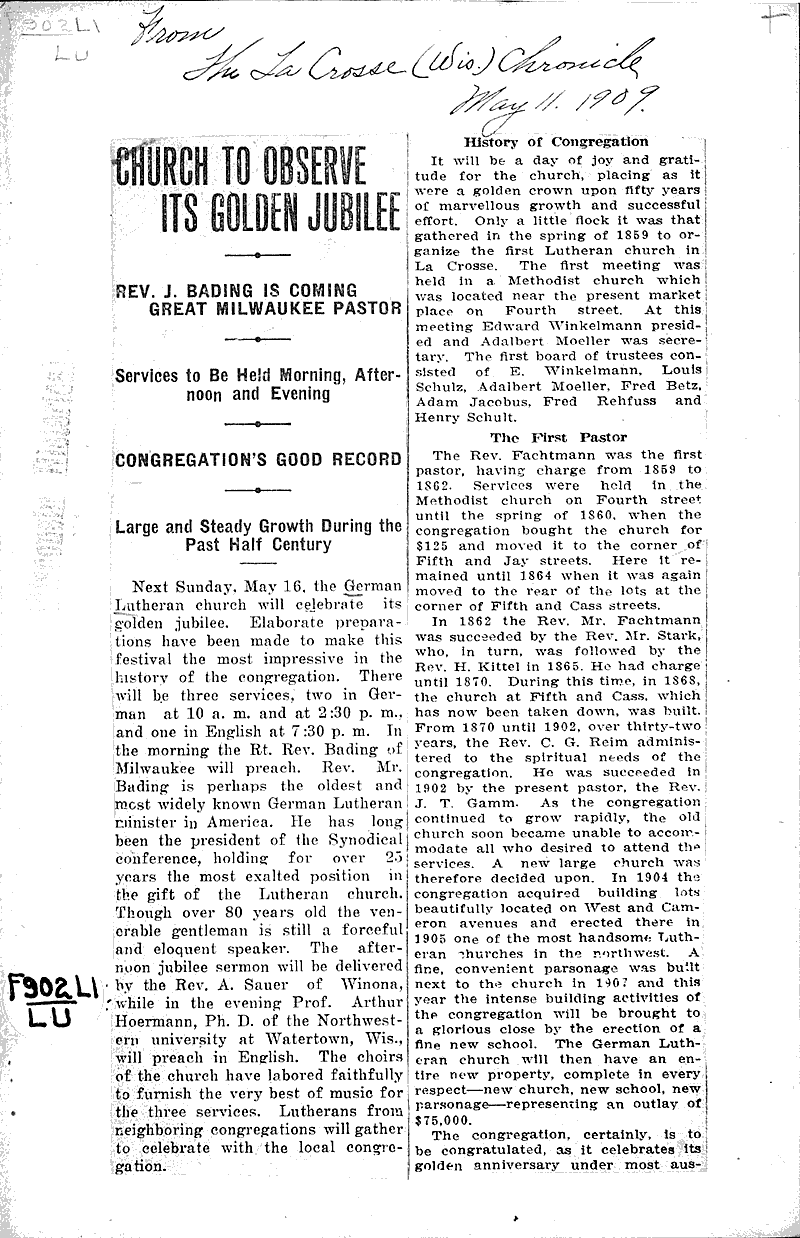  Source: La Crosse Chronicle Topics: Church History Date: 1909-05-11
