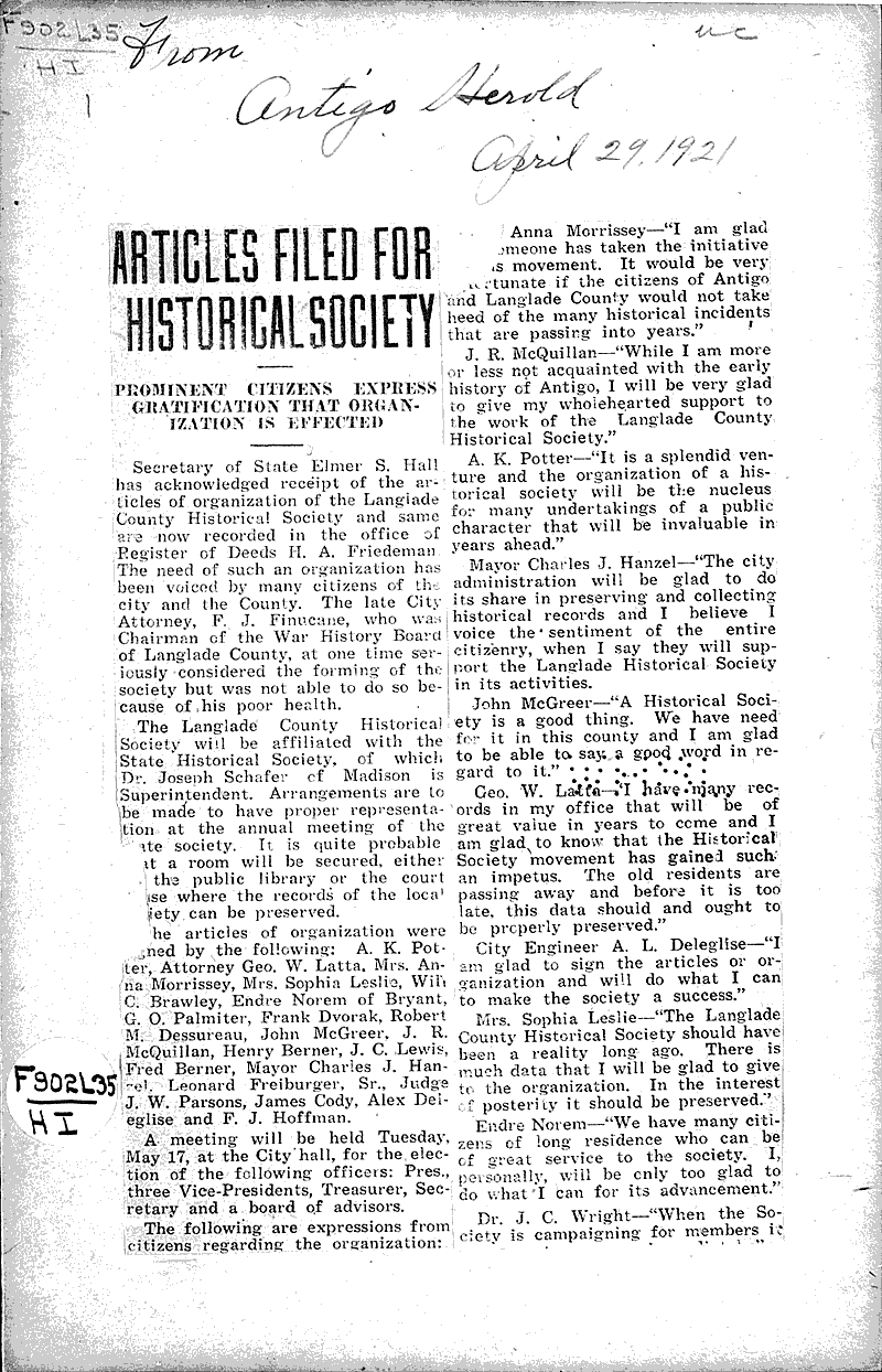  Source: Antigo Herald Topics: Education Date: 1921-04-29