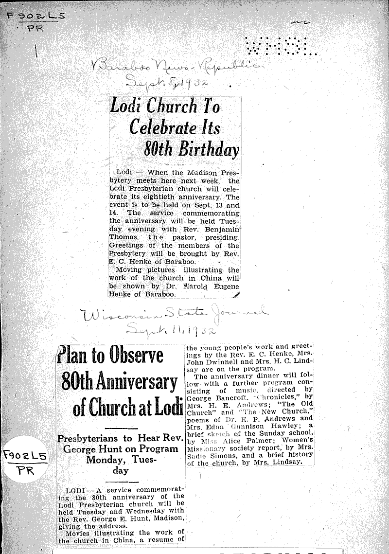  Source: Baraboo News Republic Topics: Church History Date: 1932-09-08