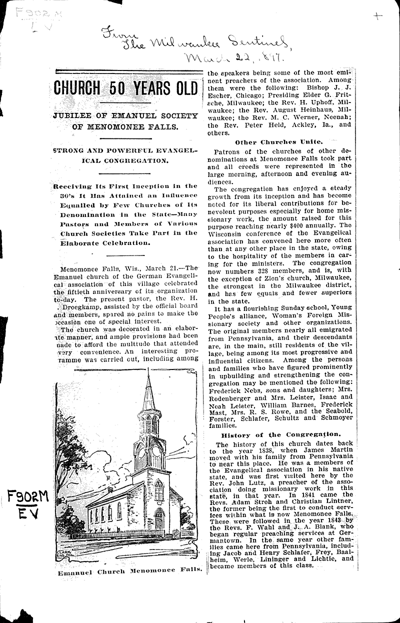  Source: Milwaukee Sentinel Topics: Church History Date: 1897-03-22