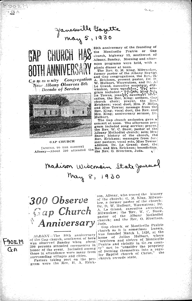  Source: Janesville Gazette Topics: Church History Date: 1930-05-05