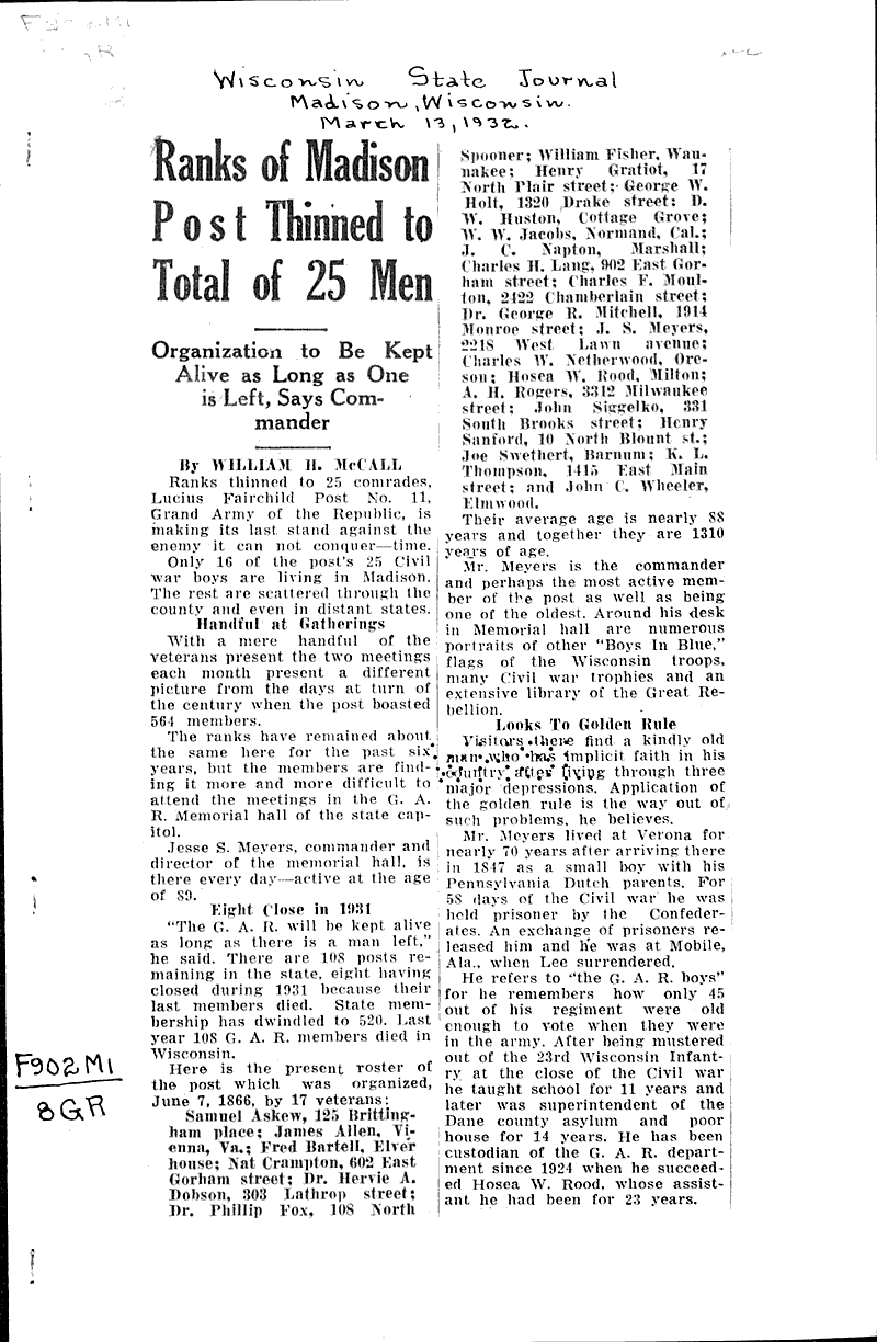  Source: Wisconsin State Journal Topics: Civil War Date: 1932-03-13