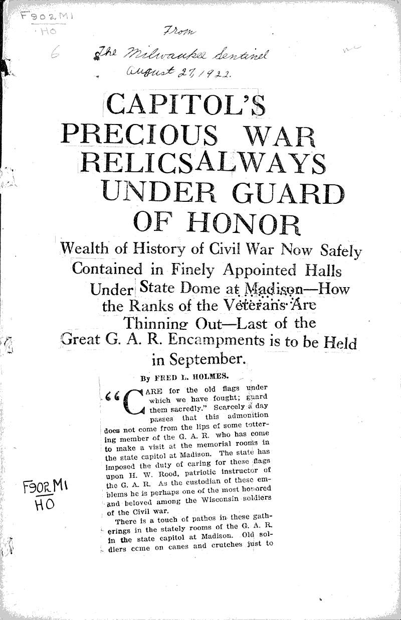  Source: Milwaukee Sentinel Topics: Civil War Date: 1922-08-27