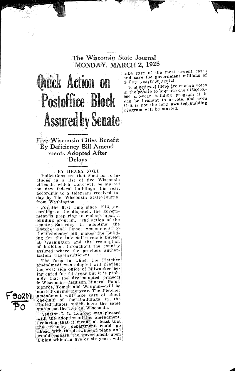  Source: Wisconsin State Journal Topics: Government and Politics Date: 1925-03-02
