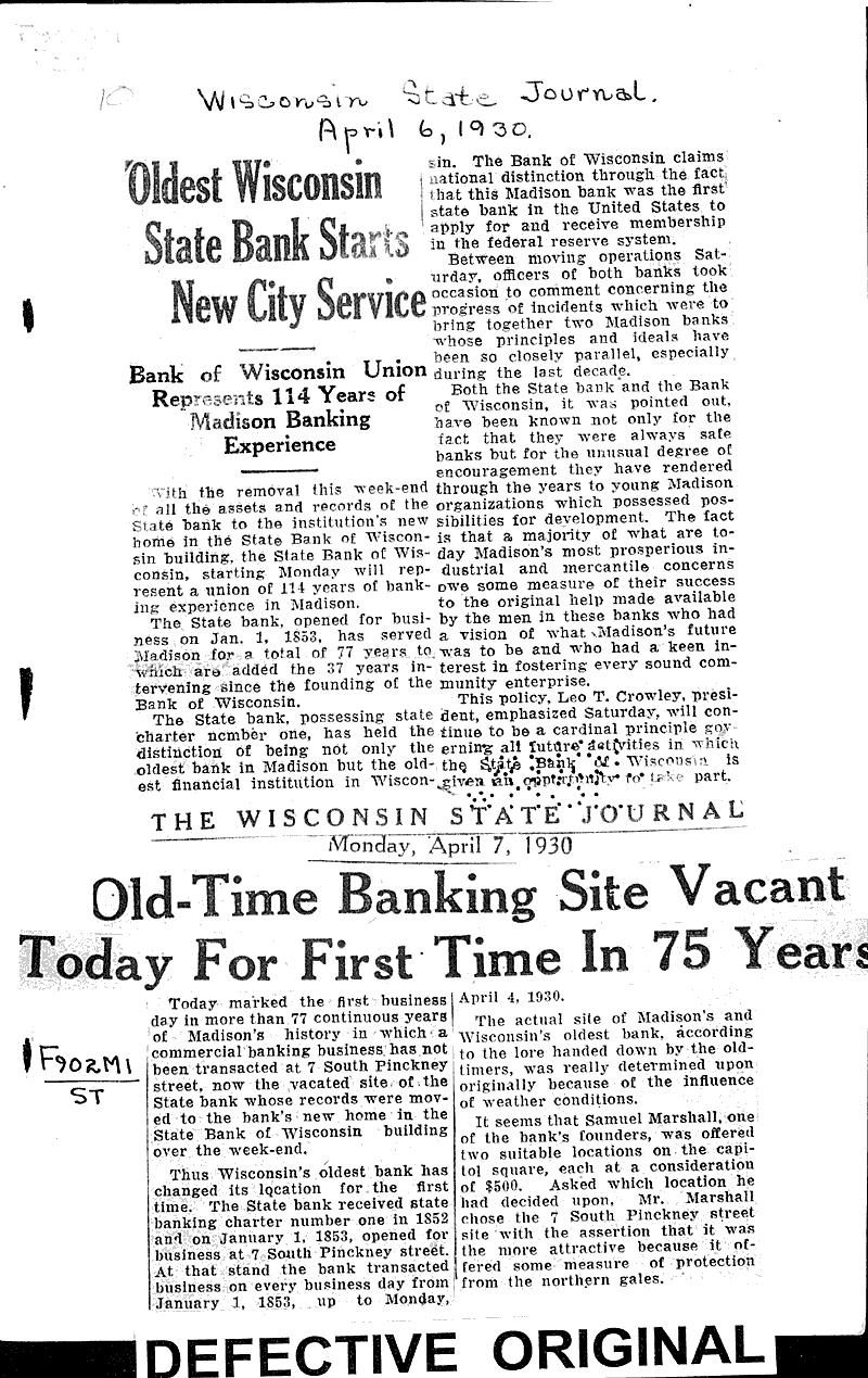  Source: Wisconsin State Journal Topics: Industry Date: 1930-04-07