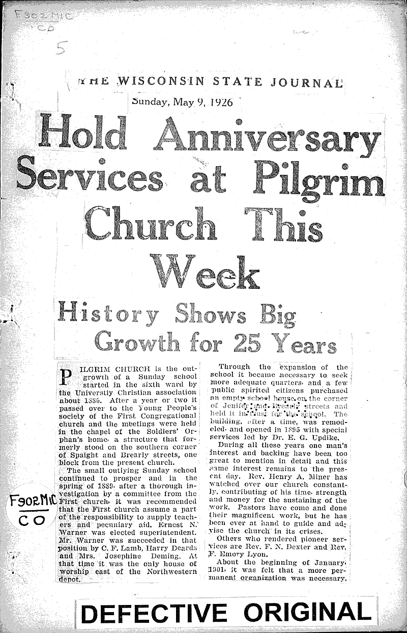  Source: Wisconsin State Journal Topics: Church History Date: 1926-05-09