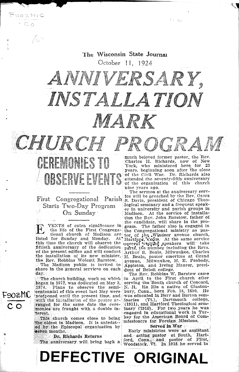  Source: Wisconsin State Journal Topics: Church History Date: 1924-10-11