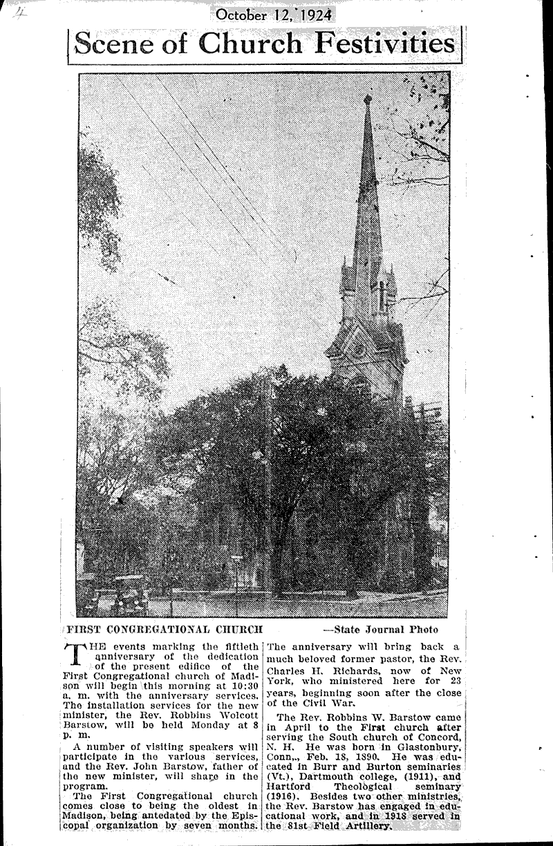  Source: Wisconsin State Journal Topics: Church History Date: 1924-10-12