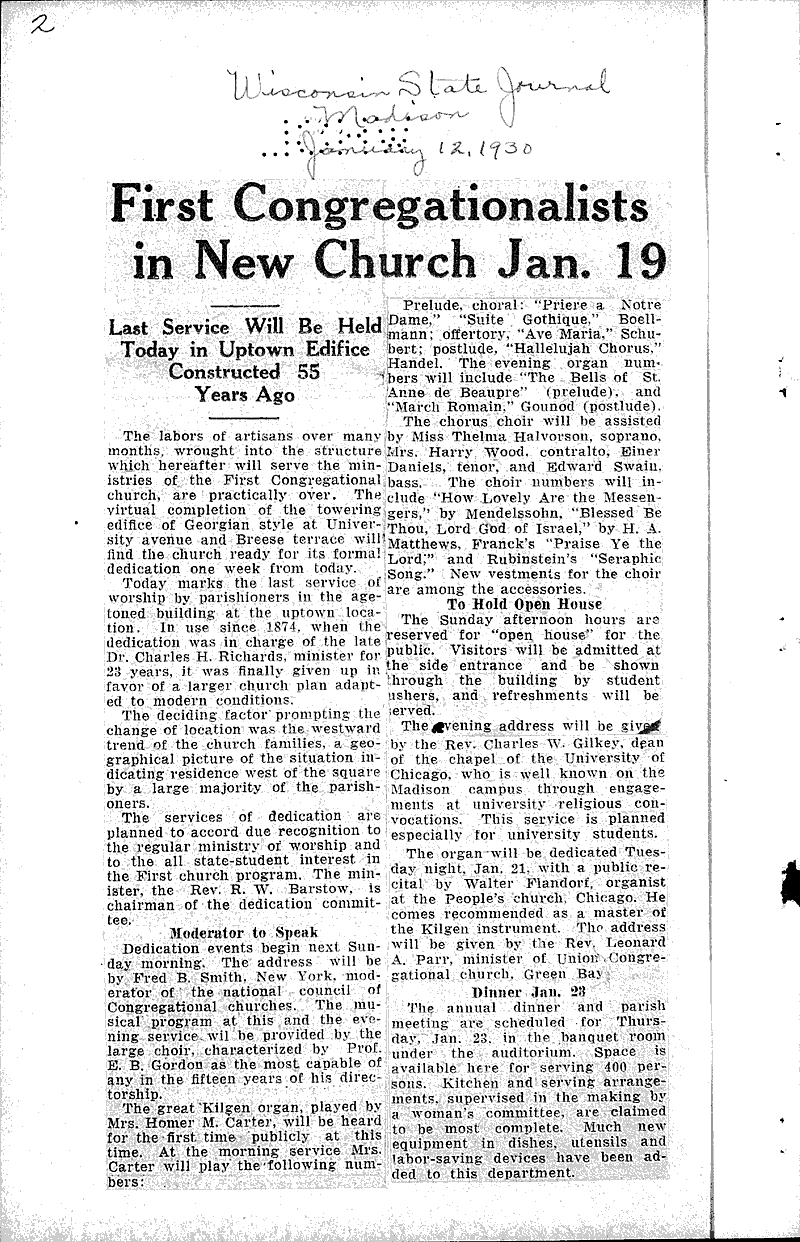  Source: Wisconsin State Journal Topics: Church History Date: 1930-01-12