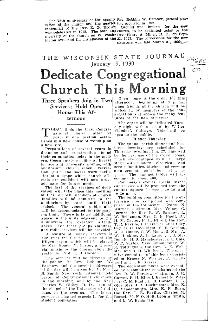  Source: Capital Times Topics: Church History Date: 1930-01-19