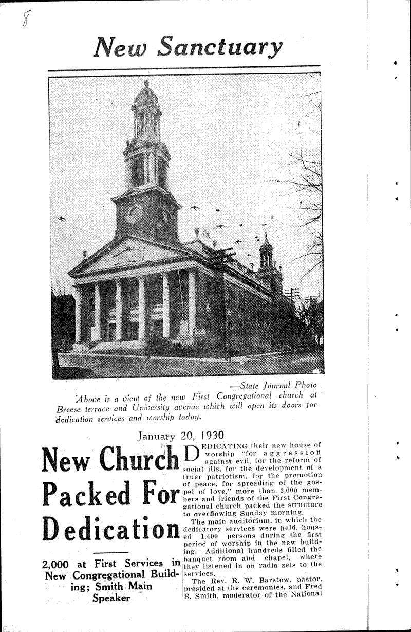  Source: Wisconsin State Journal Topics: Church History Date: 1930-01-20