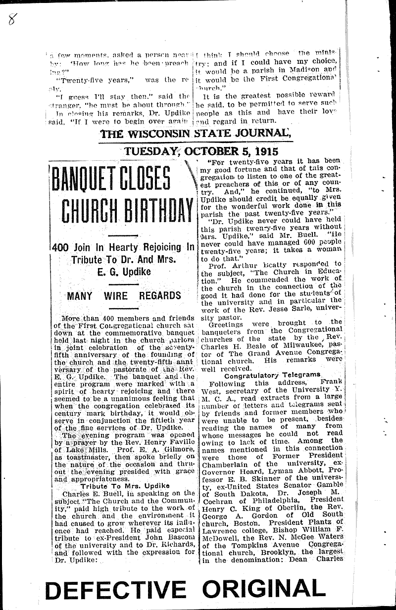  Source: Wisconsin State Journal Topics: Church History Date: 1915-10-05