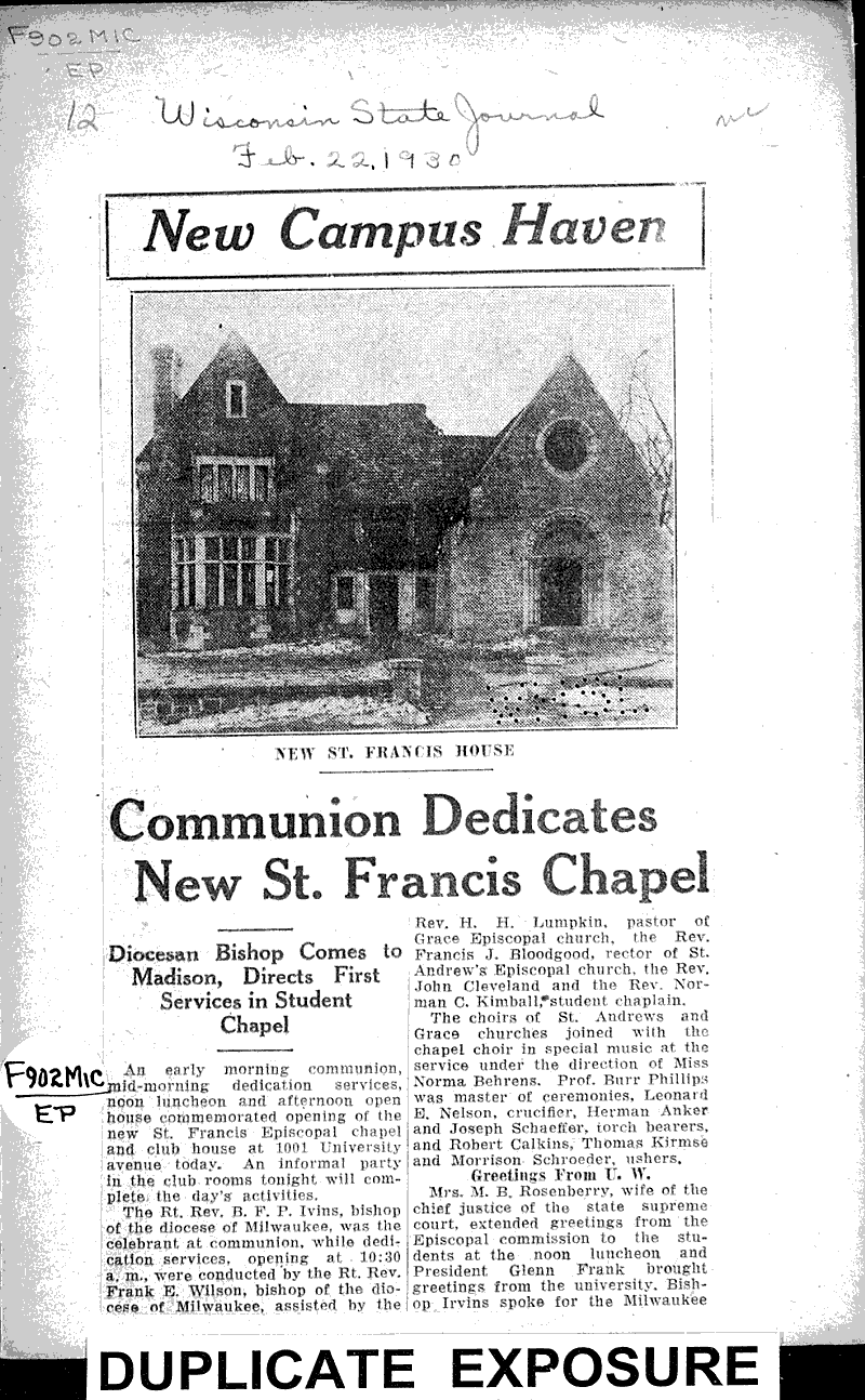  Source: Wisconsin State Journal Topics: Church History Date: 1930-02-22