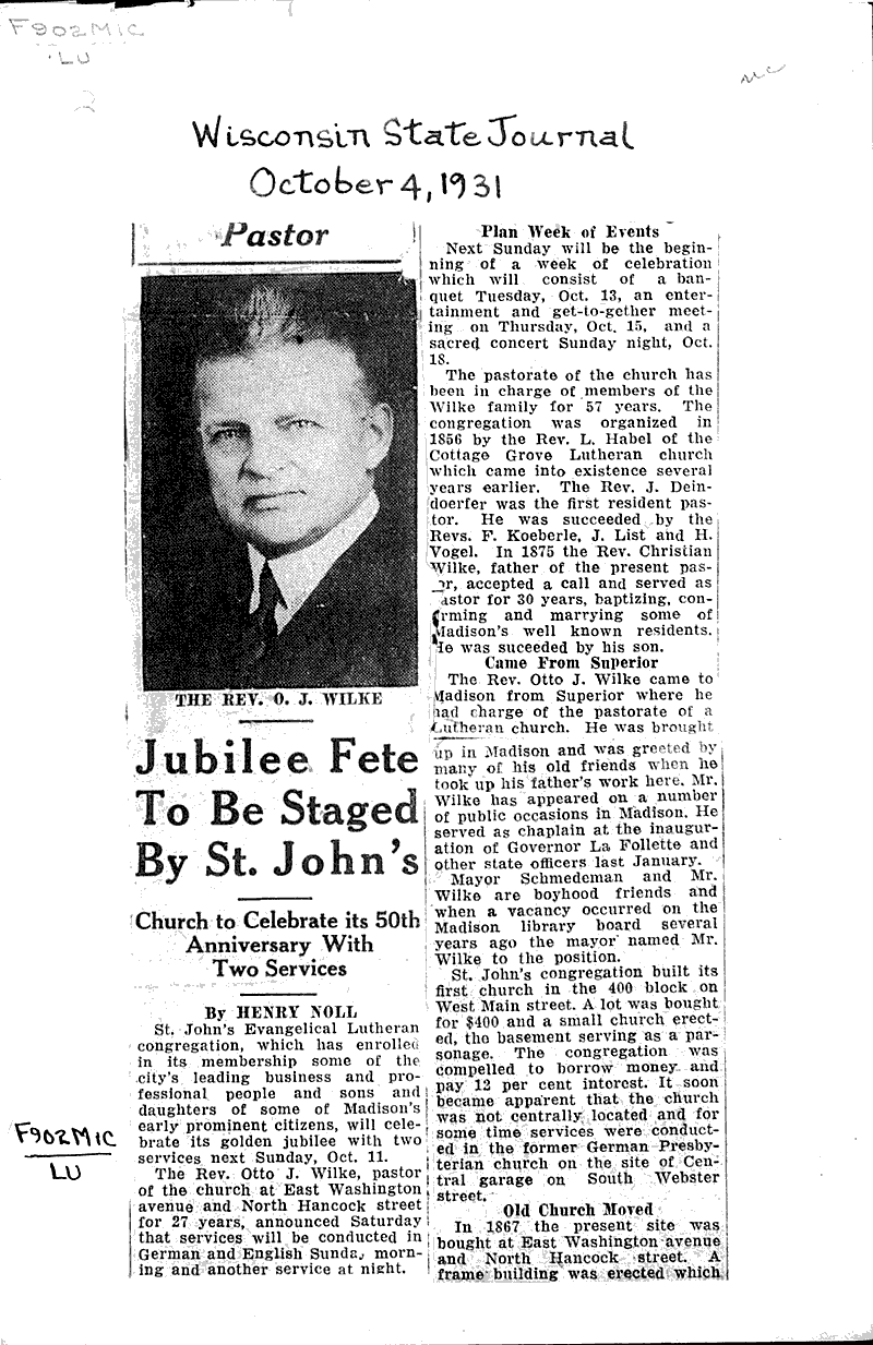  Source: Wisconsin State Journal Topics: Church History Date: 1931-10-04