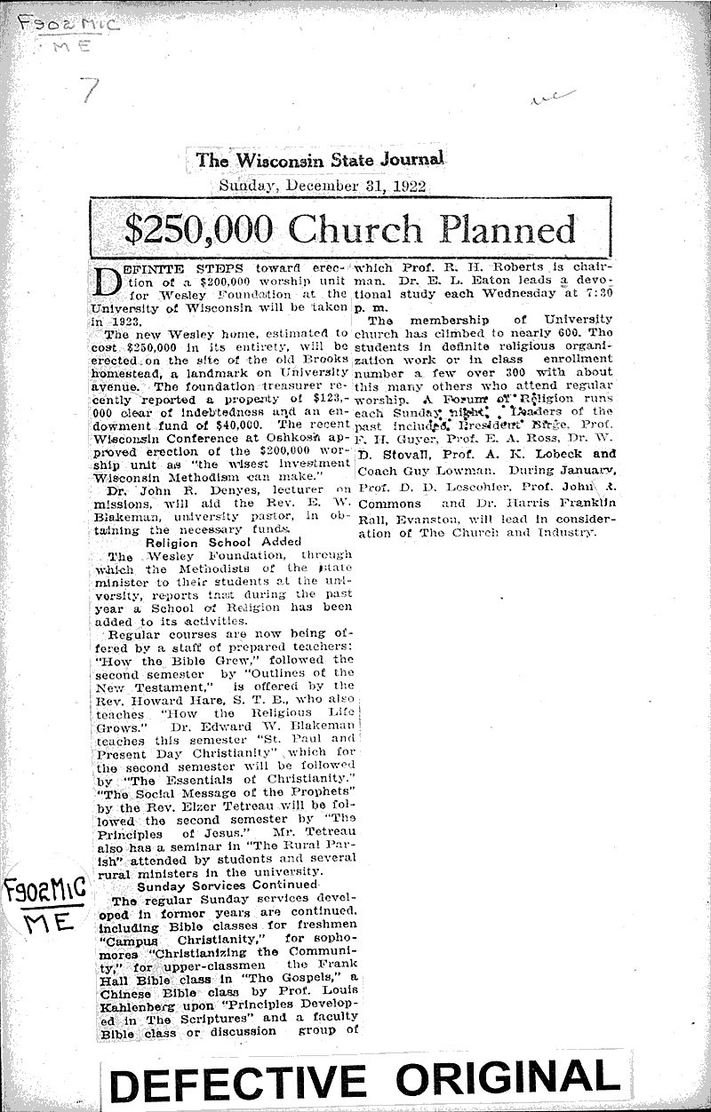  Source: Wisconsin State Journal Topics: Church History Date: 1922-12-31