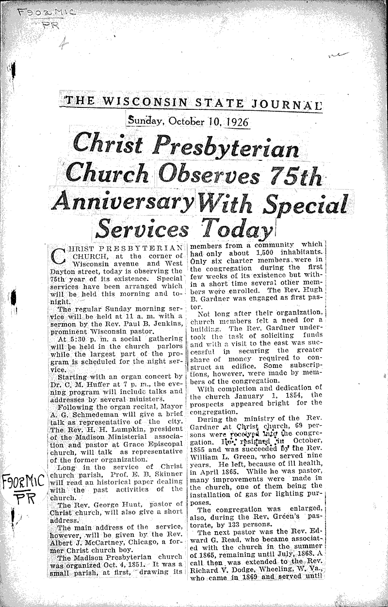  Source: Wisconsin State Journal Topics: Church History Date: 1926-10-10
