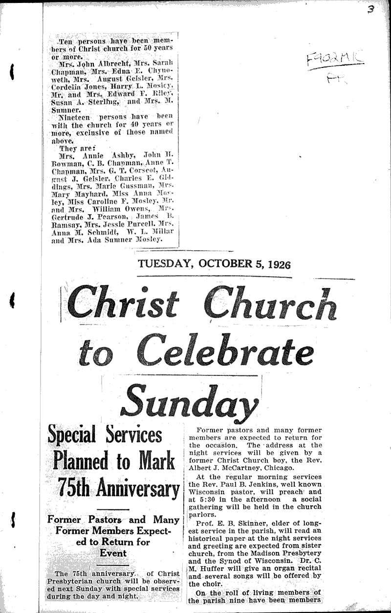  Source: Wisconsin State Journal Topics: Church History Date: 1926-10-10