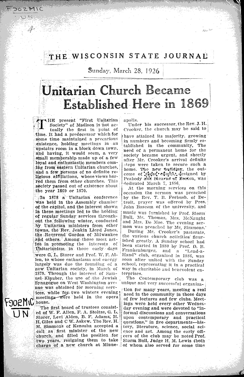  Source: Wisconsin State Journal Topics: Church History Date: 1926-03-28