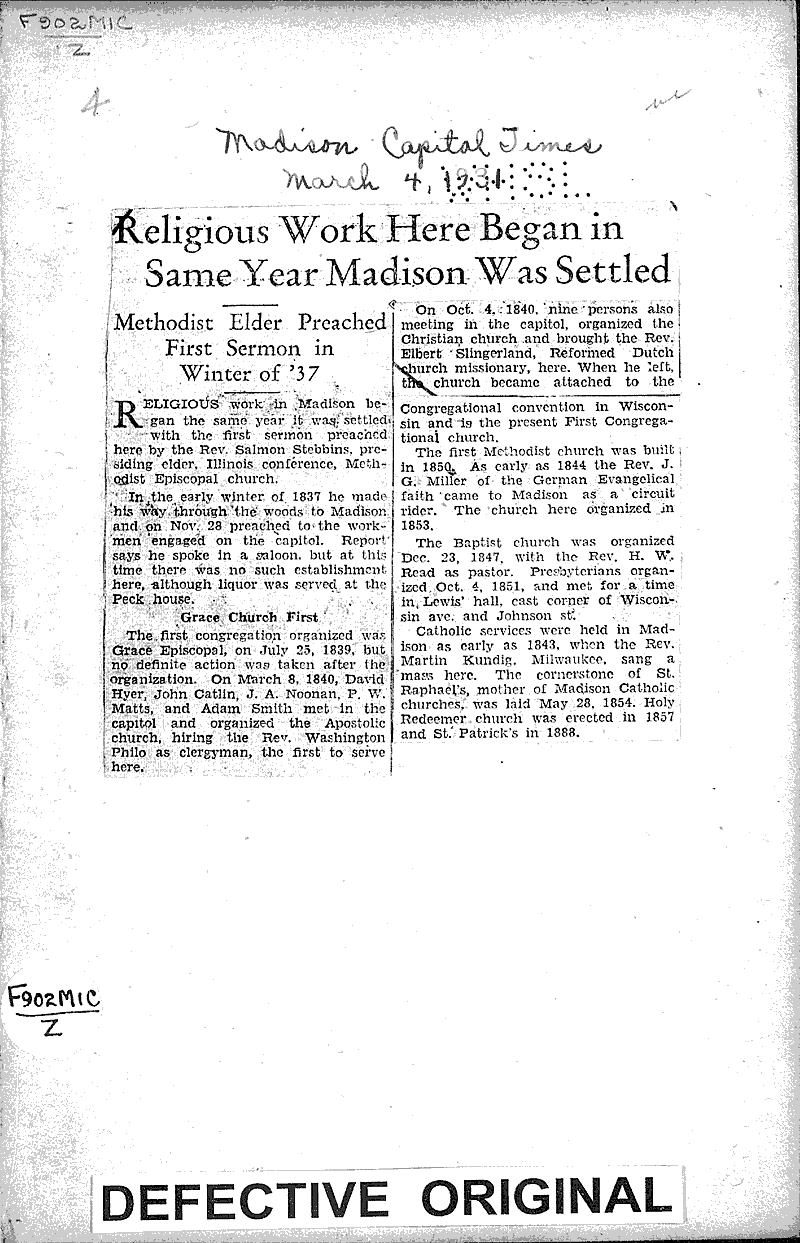  Source: Capital Times Topics: Church History Date: 1931-03-04