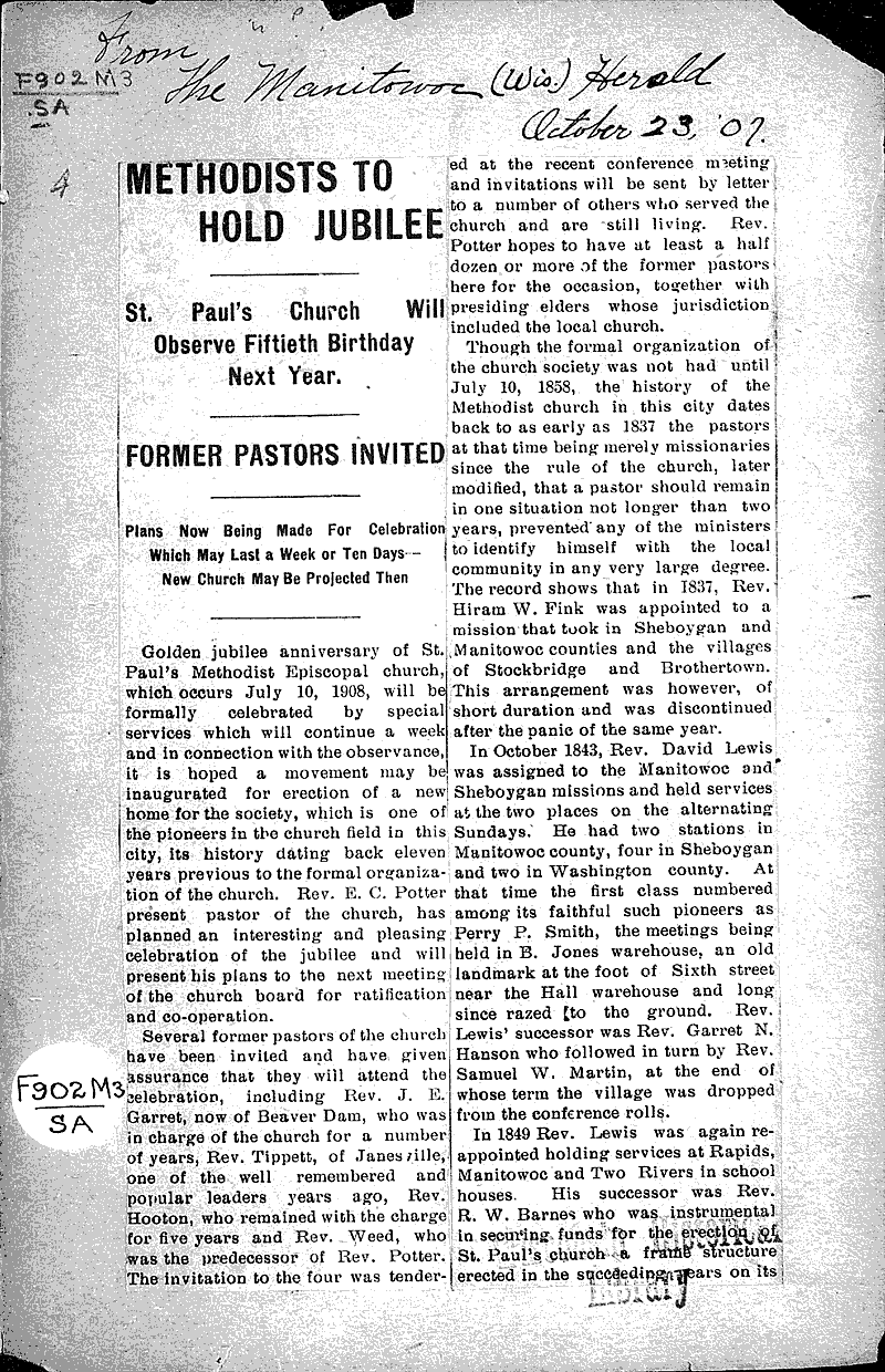  Source: Manitowoc Herald Topics: Church History Date: 1907-10-23