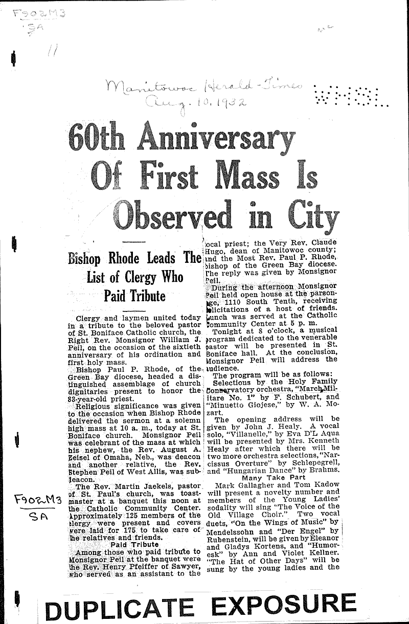  Source: Manitowoc Herald-Times Topics: Church History Date: 1932-08-10