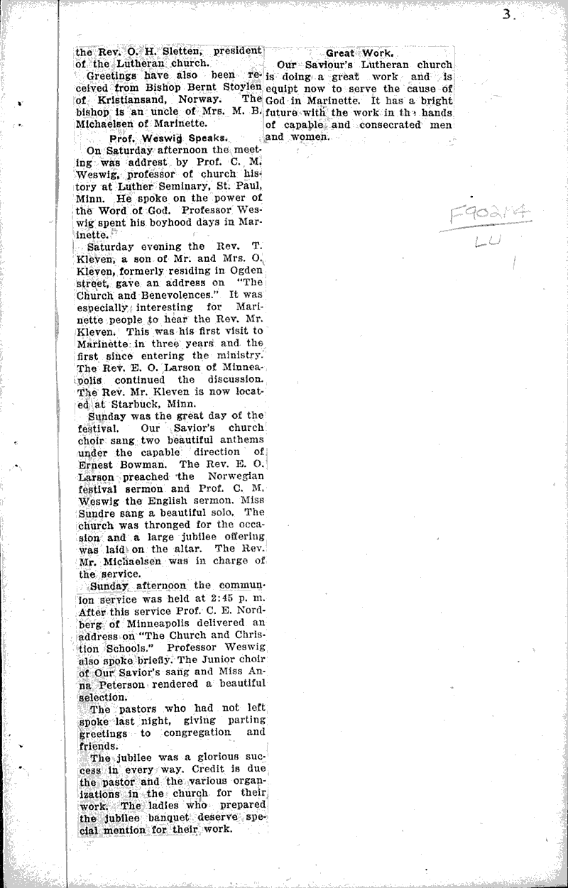  Source: Marinette Eagle-Star Topics: Church History Date: 1922-12-04
