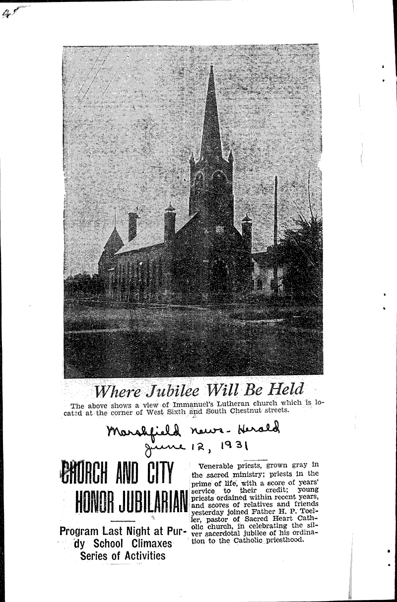  Source: Marshfield News-Herald Topics: Church History Date: 1931-06-12