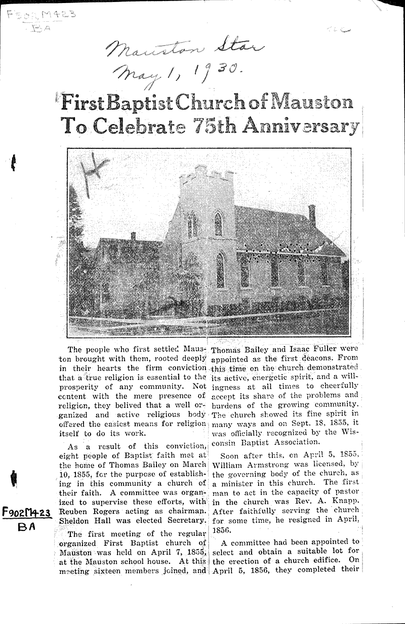  Source: Mauston Star Topics: Church History Date: 1930-05-01