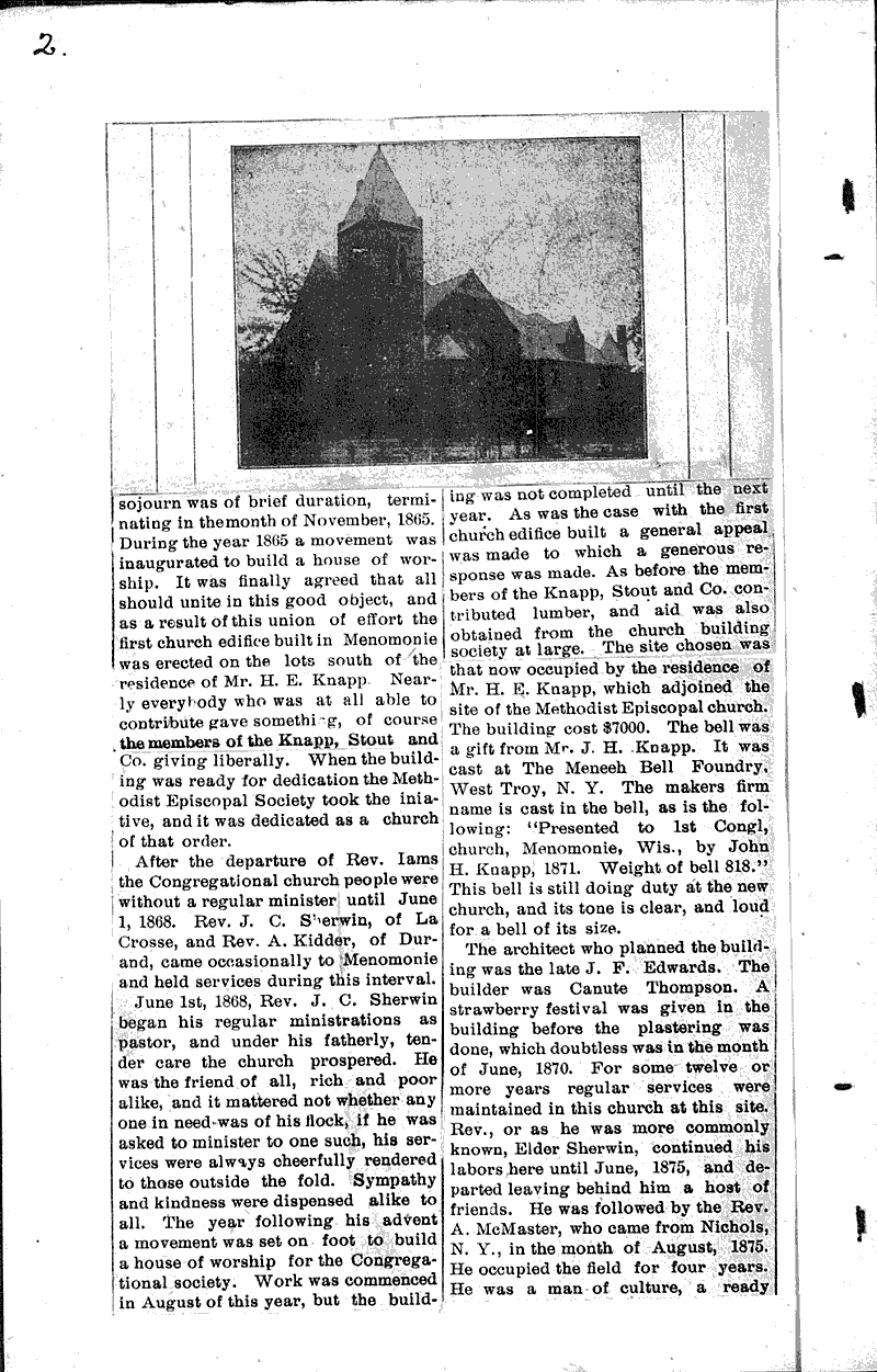  Source: Menomonie Times Topics: Church History Date: 1905-03-02