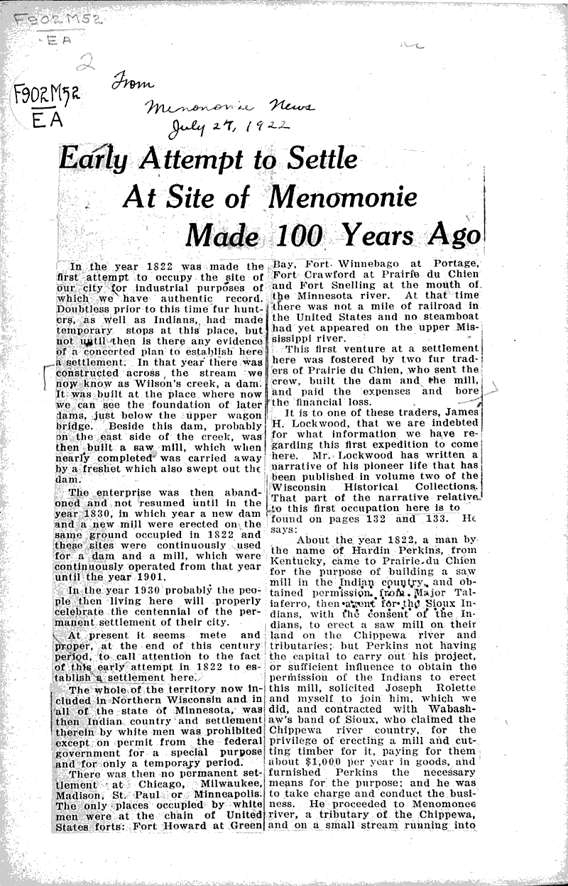 Source: Menomonie News Topics: Indians and Native Peoples Date: 1922-07-27