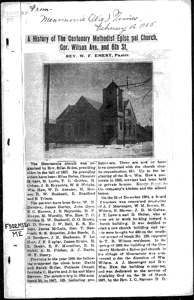  Source: Menomonie Times Topics: Church History Date: 1905-02-16