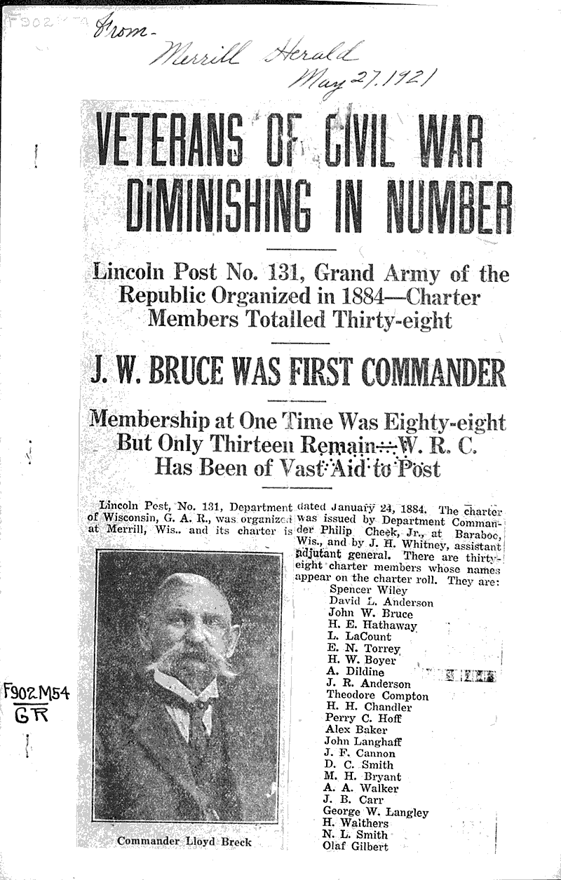  Source: Merrill Herald Topics: Civil War Date: 1921-05-27