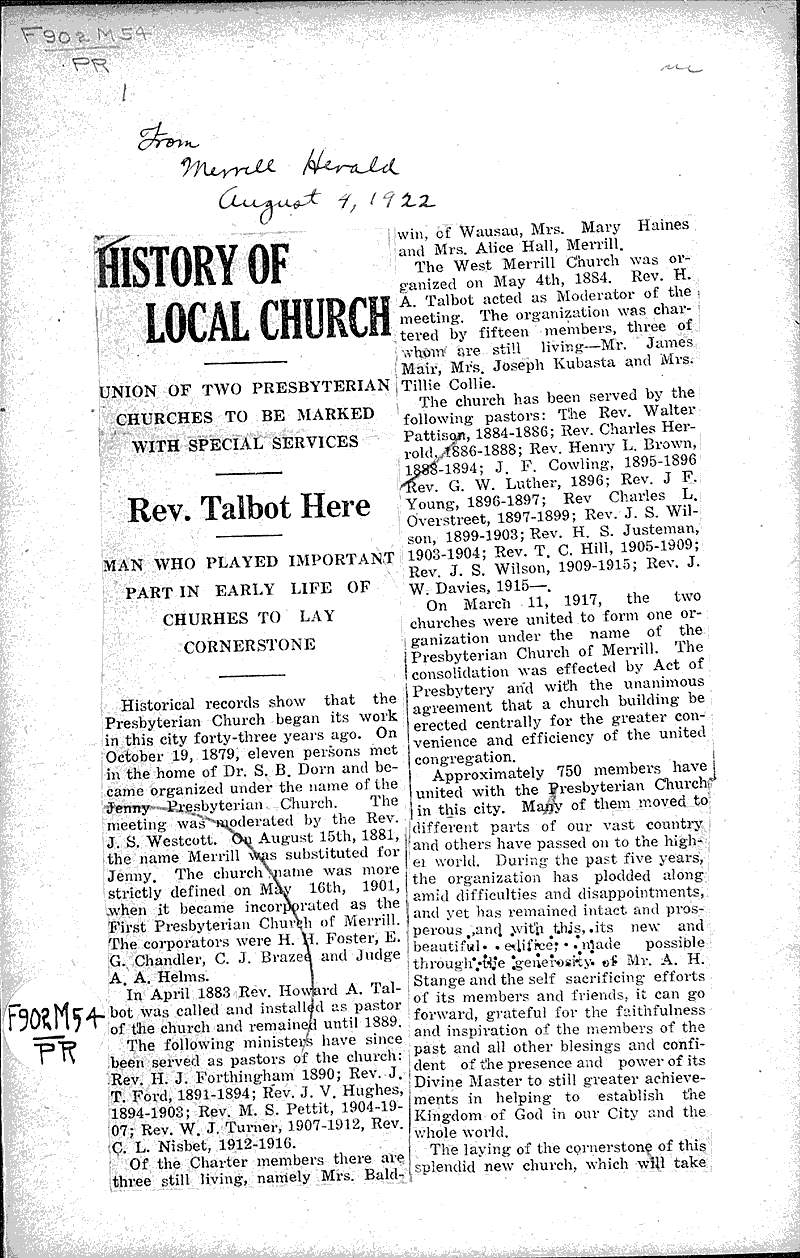  Source: Merrill Herald Topics: Church History Date: 1922-08-04