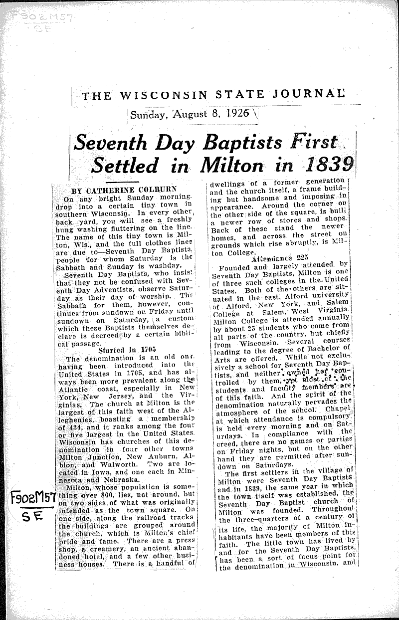  Source: Wisconsin State Journal Topics: Church History Date: 1926-08-08