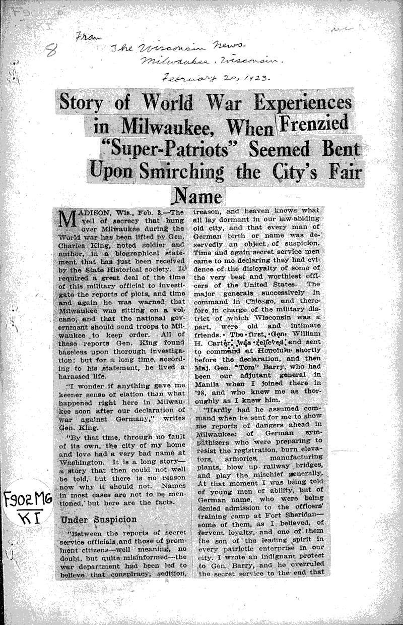 Source: Wisconsin News Topics: Wars Date: 1923-02-20