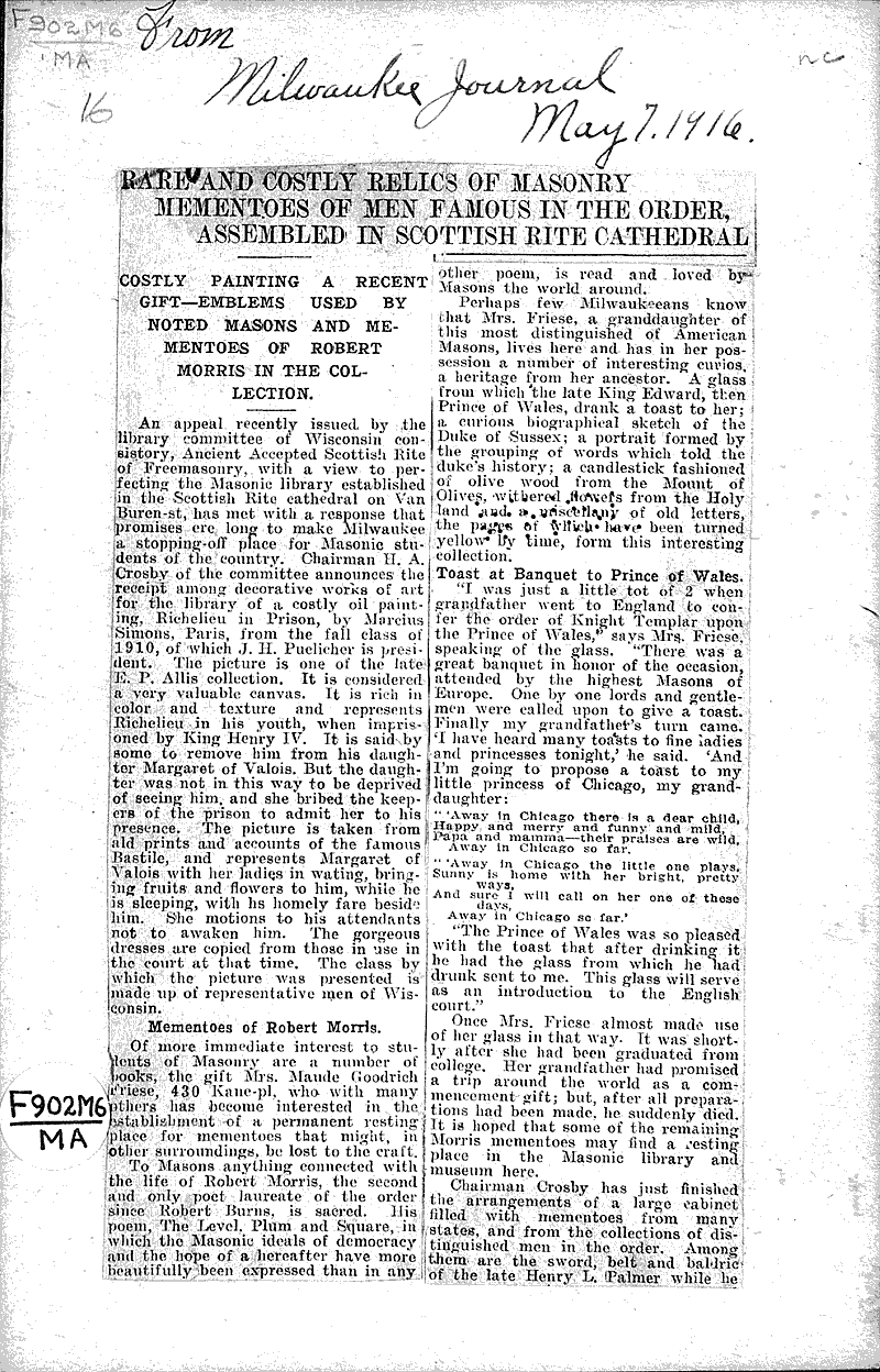  Source: Milwaukee Journal Topics: Church History Date: 1916-05-07