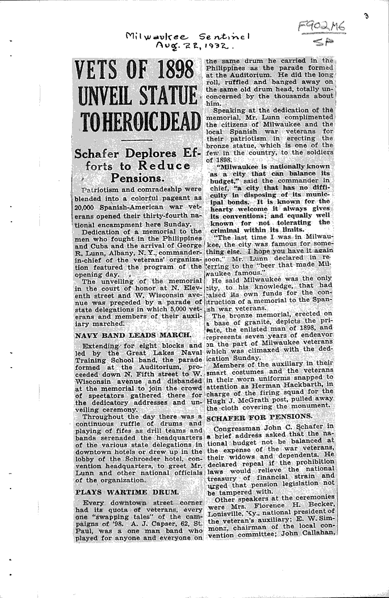  Source: Milwaukee Sentinel Topics: Wars Date: 1932-08-22