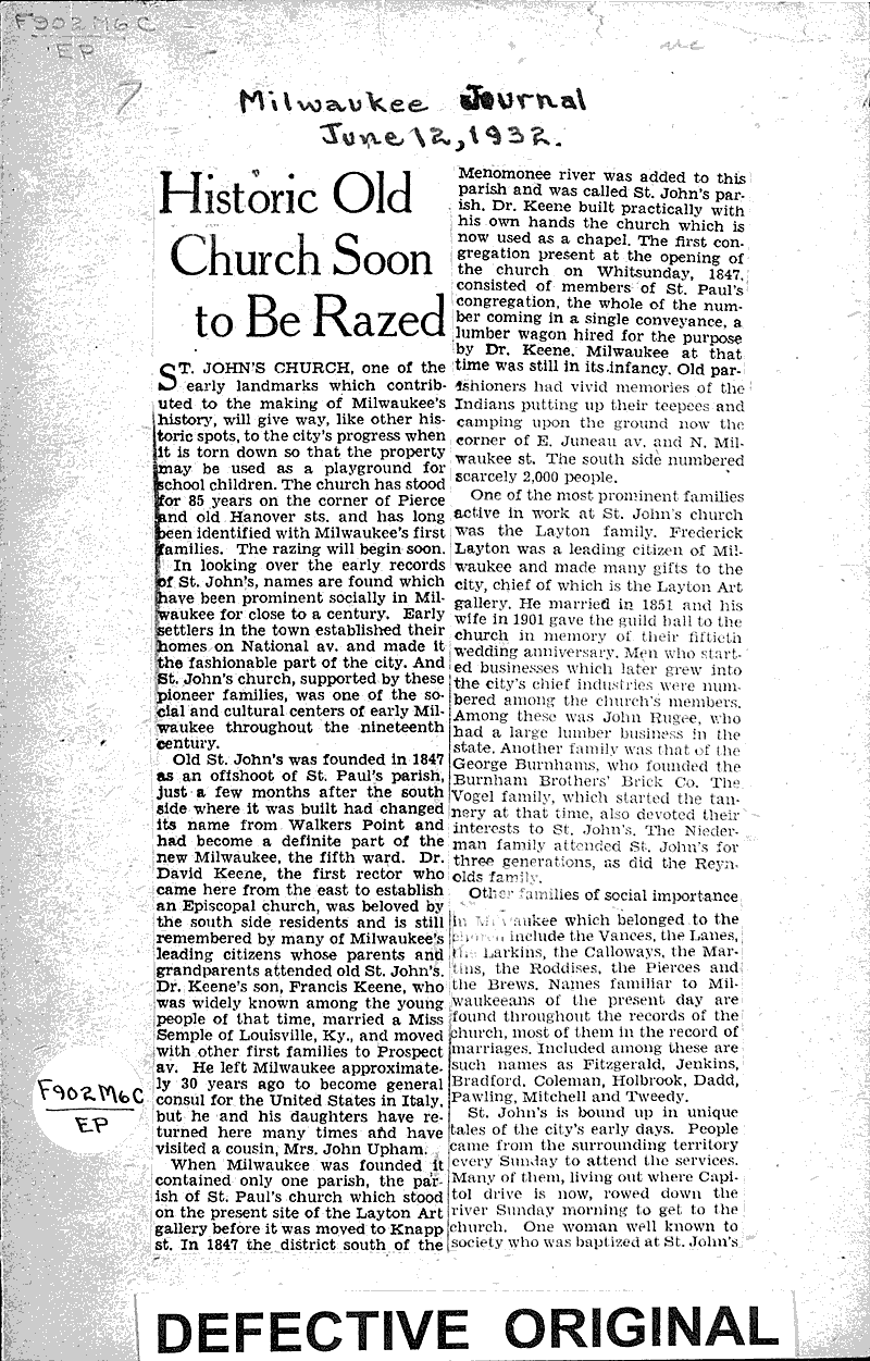  Source: Milwaukee Journal Topics: Church History Date: 1932-06-12
