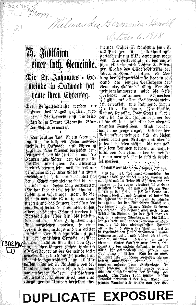  Source: Milwaukee Germania - Herald Topics: Church History Date: 1918-10-06