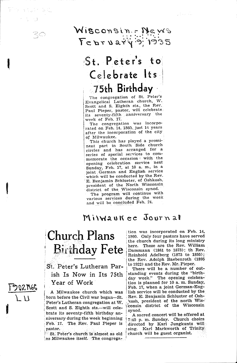  Source: Wisconsin News Topics: Church History Date: 1935-02-09