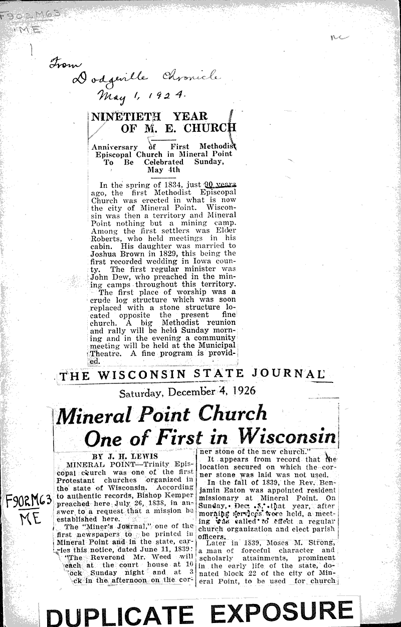  Source: Dodgeville Chronicle Topics: Church History Date: 1924-05-01