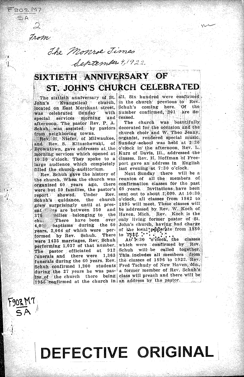  Source: Monroe Times Topics: Church History Date: 1922-09-04