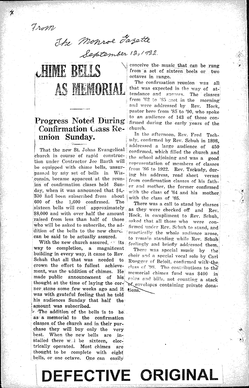 Source: Monroe Journal-Gazette Topics: Church History Date: 1922-09-12