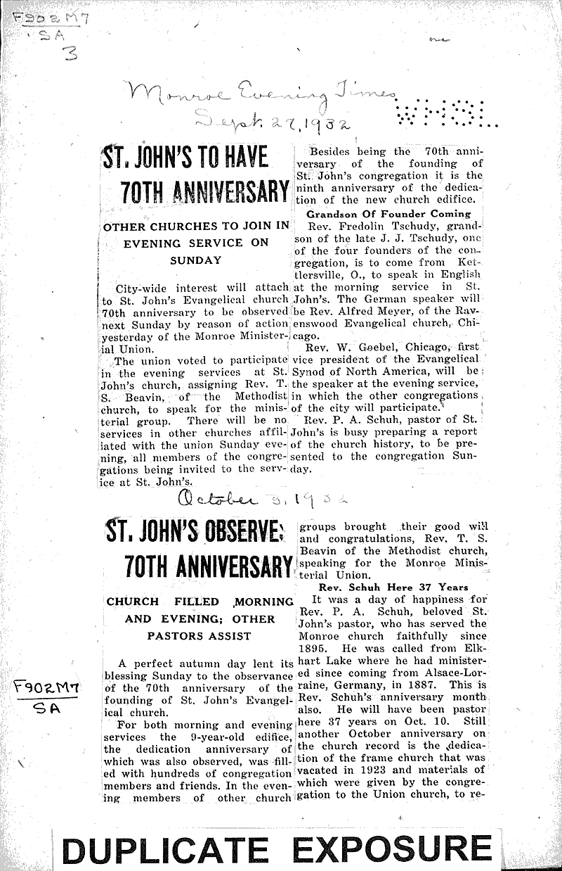  Source: Monroe Evening Times Topics: Church History Date: 1932-10-09