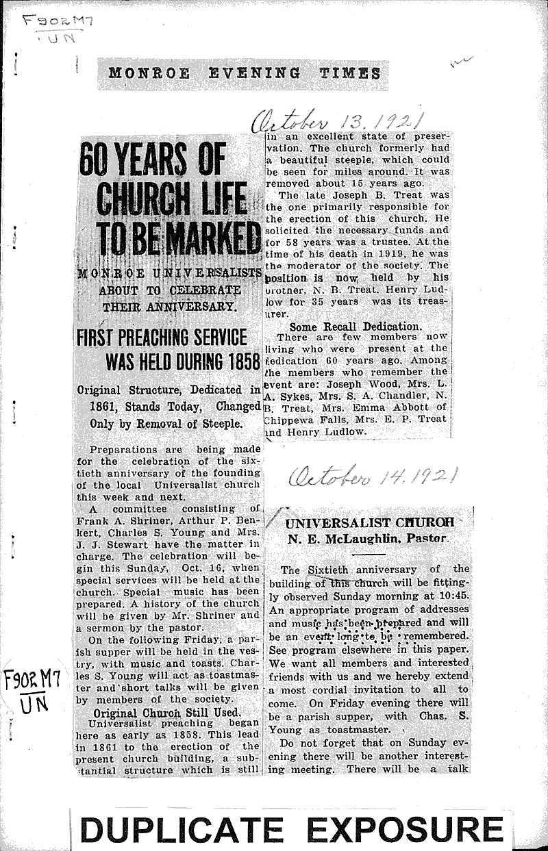  Source: Monroe Evening Times Topics: Church History Date: 1921-10-13