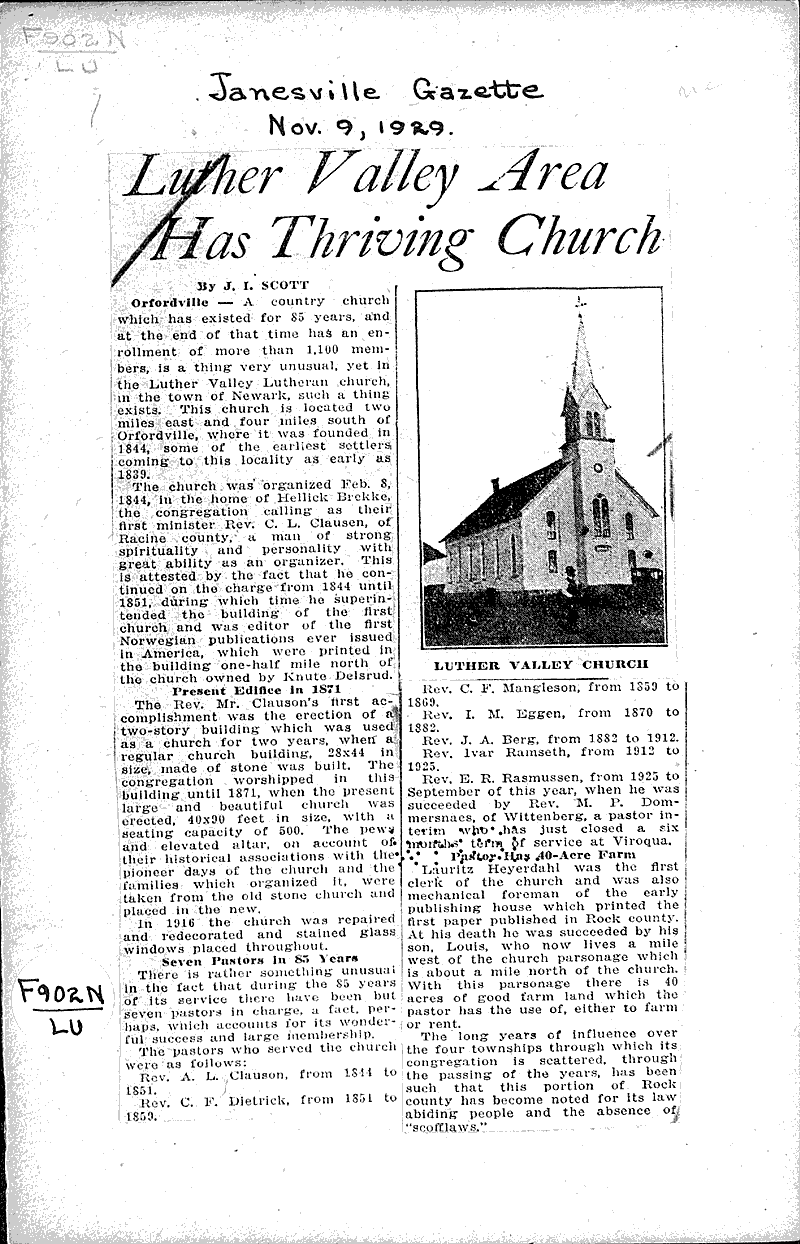  Source: Janesville Gazette Topics: Church History Date: 1929-11-09