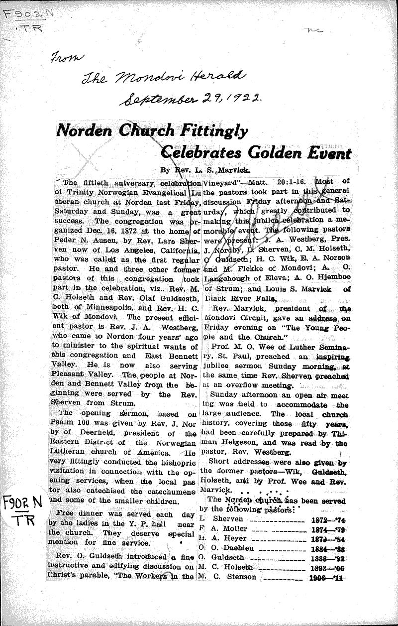  Source: Mondovi Herald Topics: Church History Date: 1922-09-29